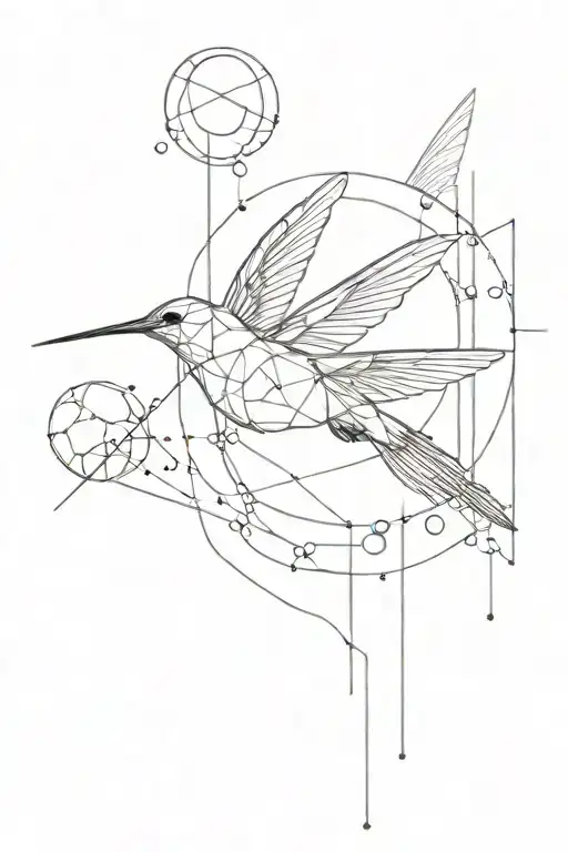 tall minimalistic geometric tattoo with lines, circles, Leonardo Da vinci hummingbird, planets  tattoo design idea