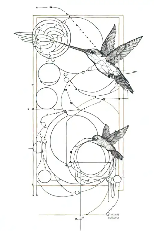 tall minimalistic geometric tattoo with lots of lines, circles, Leonardo Da vinci hummingbird, planets, carpe diem tattoo design idea