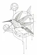 tall minimalistic geometric tattoo with lines, circles, Leonardo Da vinci hummingbird, planets  tattoo design idea