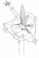 tall minimalistic geometric tattoo with lines, circles, Leonardo Da vinci hummingbird, planets  tattoo design idea