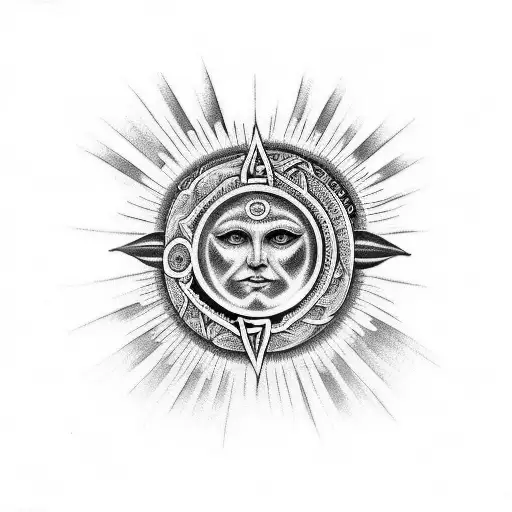 sleeve tattoo with my mothers blue eye, a sun, an Uruguayan symbol, the Celtic trinity symbol, and swallow birds  tattoo design idea