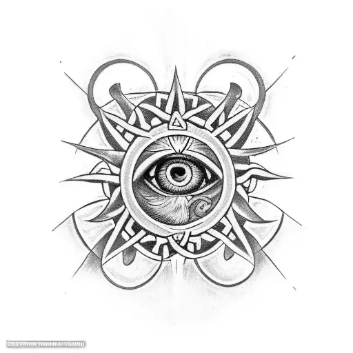 a full sleeve tattoo with my mothers blue eye, a sun, an Uruguayan symbol, the Celtic trinity symbol, and swallow birds  tattoo design idea