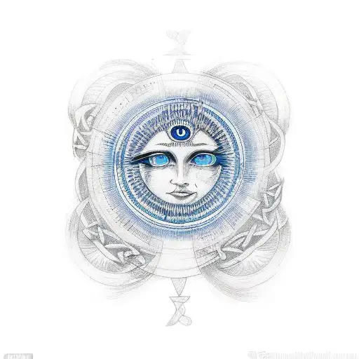  full arm sleeve that has a woman’s blue eye, a sun, an Uruguay symbol, and the Celtic trinity symbol tattoo design idea