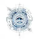  full arm sleeve that has a woman’s blue eye, a sun, an Uruguay symbol, and the Celtic trinity symbol tattoo design idea