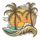 sunset beach palm tree waves tattoo design idea