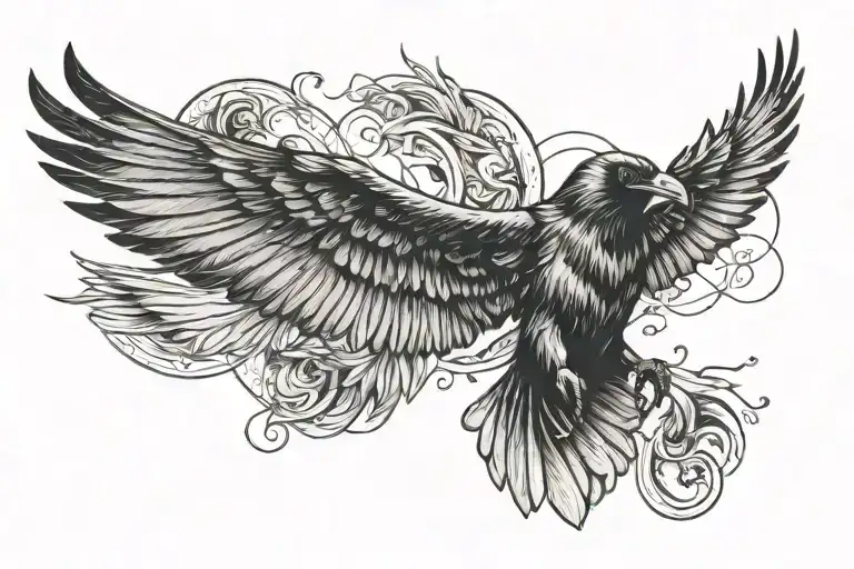flying Raven attacking pigeon, open wings. tattoo design idea