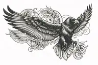 flying Raven attacking pigeon, open wings. tattoo design idea