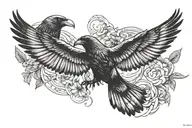 flying Raven attacking pigeon, open wings. tattoo design idea