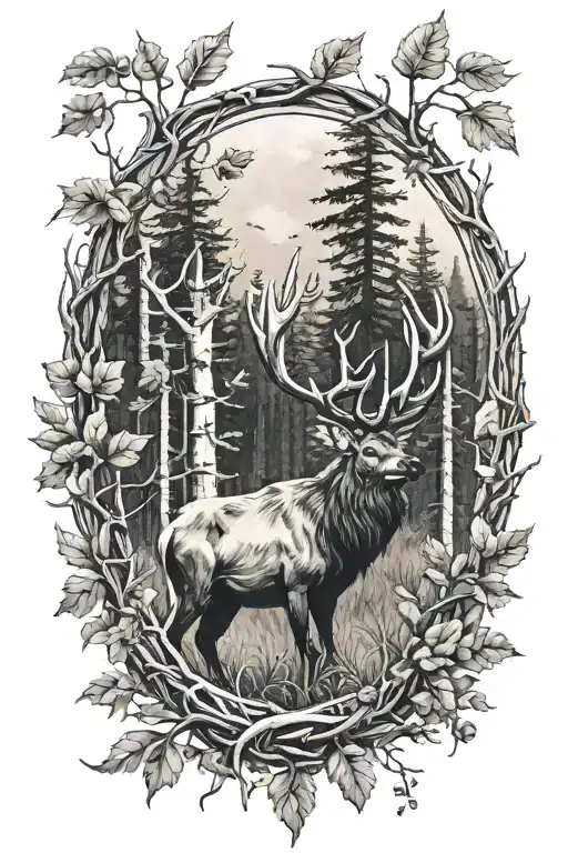 single elk horn and trees with leaves  tattoo design idea