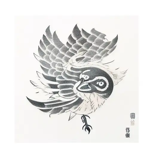 crow feather with haikyuu 'fly' in kanji tattoo design idea