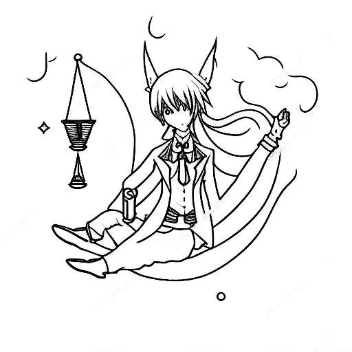 A minimalist tattoo of an anime character dressed as a lawyer, holding a Libra scale tattoo design idea