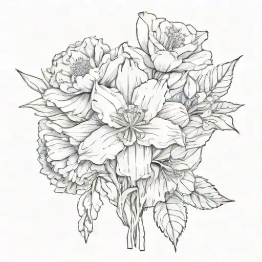 Carnation, daffodil, poppy, flower bouquet tied tattoo design idea