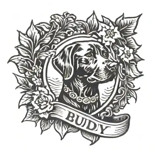 laurel wreath frame around old black lab profile. banner at bottom that says buddy   tattoo design idea