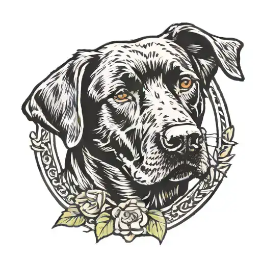 verticle oval laurel wreath around profile of old black lab. banner at bottom of frame that says buddy tattoo design idea