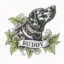 round laurel wreath frame around old black lab profile. banner at bottom that says buddy   tattoo design idea