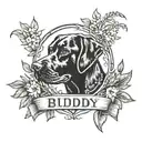round laurel wreath frame around old black lab profile. banner at bottom that says buddy   tattoo design idea