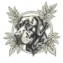 round laurel wreath frame around old black lab profile. banner at bottom that says buddy   tattoo design idea