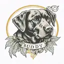 round laurel wreath frame around old black lab profile. banner at bottom that says buddy   tattoo design idea