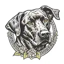 verticle oval laurel wreath around profile of old black lab. banner at bottom of frame that says buddy tattoo design idea