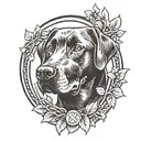 verticle oval laurel wreath around profile of old black lab. banner at bottom of frame that says buddy tattoo design idea