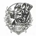 verticle oval laurel wreath around profile of old black lab. banner at bottom of frame that says buddy tattoo design idea