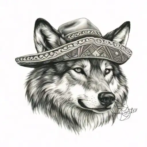 wolf head wearing a sombrero tattoo design idea
