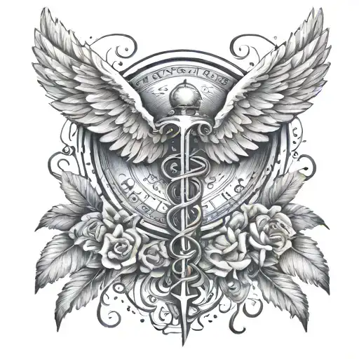 A beautiful angel wings tattoo with a caduceus symbol in the center, representing the healing power of nurses tattoo design idea