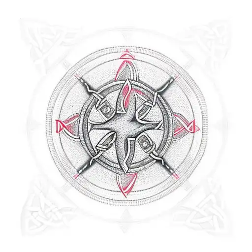 insert the words "cindy my life" written in Celtic around a Viking Compass Vegvisir Cross tattoo design idea