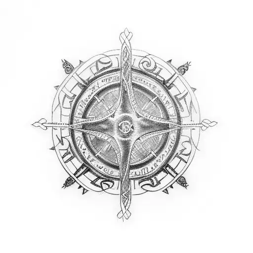 insert the words "cindy my life" written in Celtic around a Viking Compass Vegvisir Cross tattoo design idea