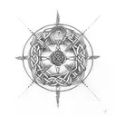 insert the words "cindy my life" written in Celtic around a Viking Compass Vegvisir Cross tattoo design idea