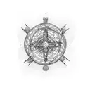 insert the words "cindy my life" written in Celtic around a Viking Compass Vegvisir Cross tattoo design idea
