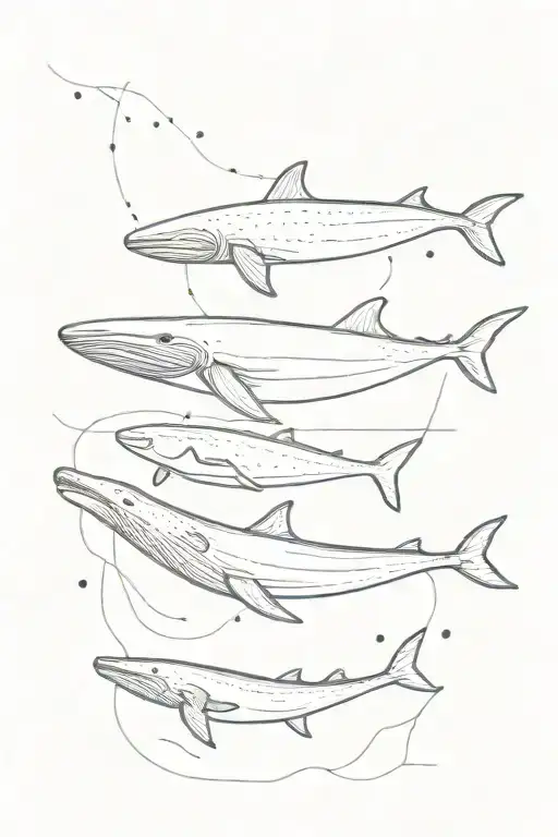 1 blue whale, 1 manatee, 1 whale shark, 1 stingray swimming together in a straight line  tattoo design idea