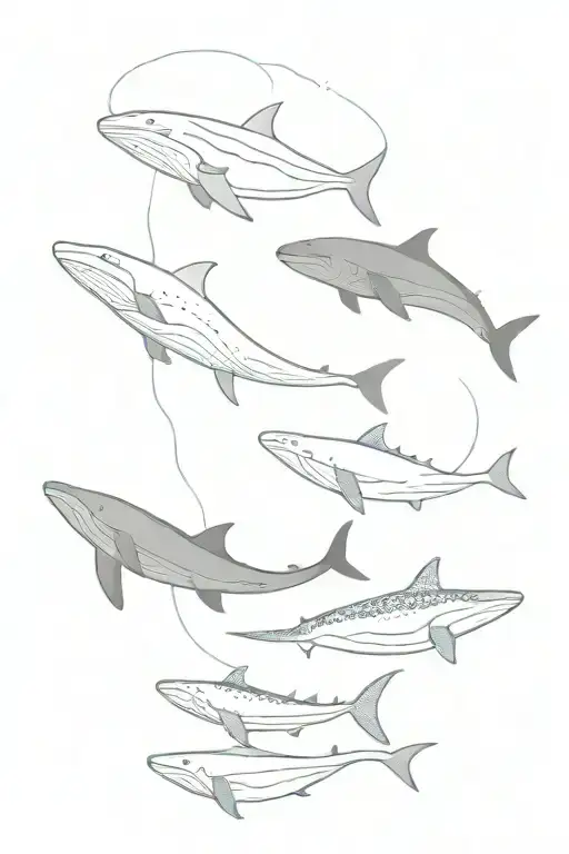 blue whale, manatee, whale shark, stingray swimming together in a straight line  tattoo design idea