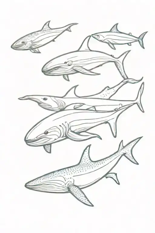 blue whale, manatee, whale shark, stingray swimming tattoo design idea