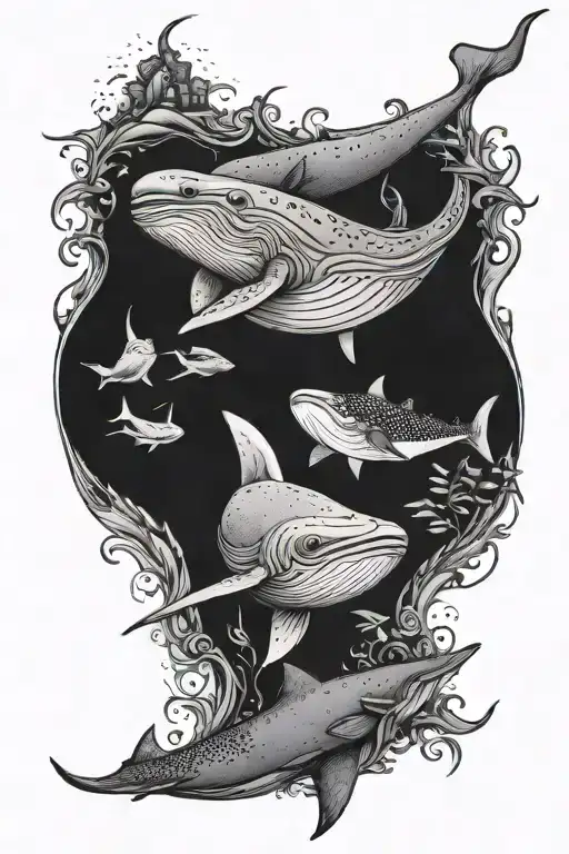 blue whale, manatee, whale shark, stingray swimming tattoo design idea