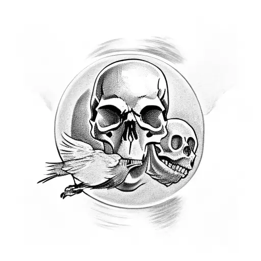 skull with an open mouth and an hourglass inside with two crows around it tattoo design idea