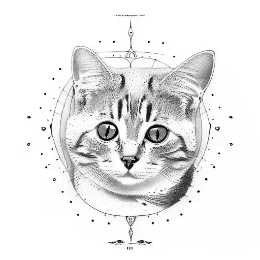 A cat above which there are 9 spheres of his life tattoo design idea