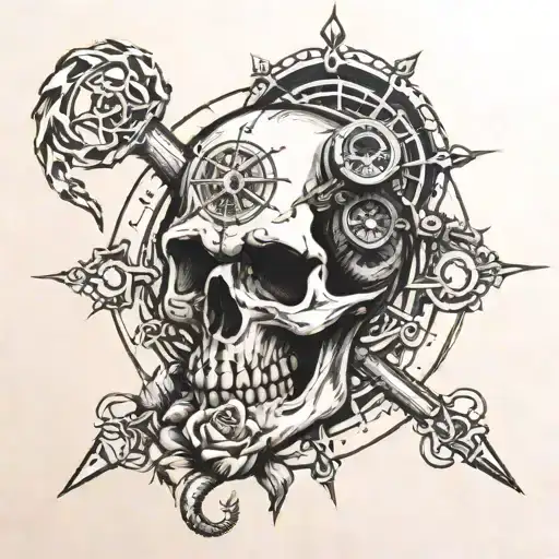 skull snake motorcycle engine compass rose tattoo design idea