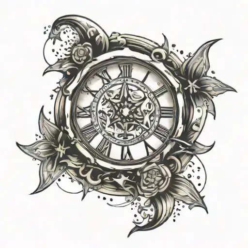 clock, stars, text Hey, wizard, tell me how to gain immortality of body and soul? tattoo design idea