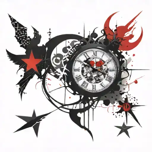 demons, clock, time, stars, moon, text tattoo design idea