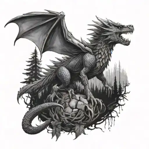  A huge drogon eats a wolf in the background of the night forest tattoo design idea