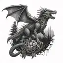  A huge drogon eats a wolf in the background of the night forest tattoo design idea