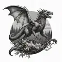  A huge drogon eats a wolf in the background of the night forest tattoo design idea