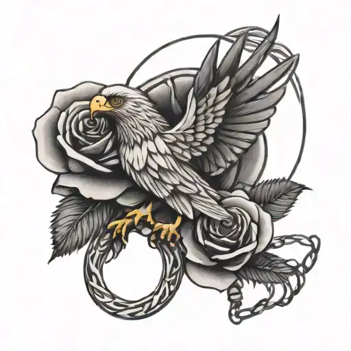 A black and grey rose intertwined with a keychain, with an eagle perched on top tattoo design idea