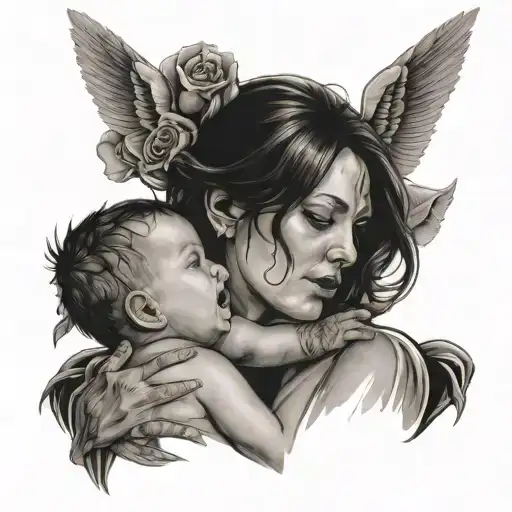 mother with guns and wings crying holding her baby son  tattoo design idea