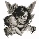 mother with guns and wings crying holding her baby son  tattoo design idea