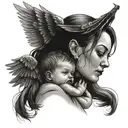 mother with guns and wings crying holding her baby son  tattoo design idea
