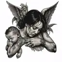 mother with guns and wings crying holding her baby son  tattoo design idea