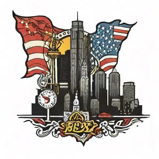 Boston Red Sox, Boston bruins, Cincinnati reds, Cincinnati bengals, New York skyline, American flag tattoo design idea