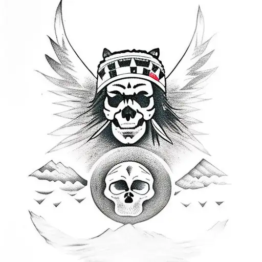 skull with native american headdress with a wofl standing on a cliff's edge with the moon behind the wolf tattoo design idea
